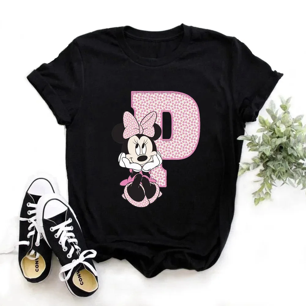 thumbnail image 1 of Camisetas de algodón de manga corta de verano para niños, camiseta rosa con letras de Minnie Mouse, fuente ABCDEFG, divertida y bonita para niño y niña, 1 of 5