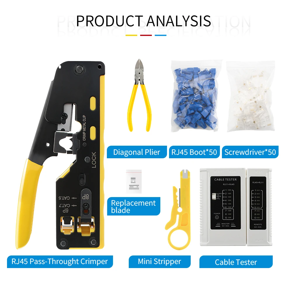Cat7 RJ45 패스스루 크림프 툴 키트, 크림퍼 케이블 테스터, 와이어 커터, 50개 Cat 6 커넥터 및 스트레인 릴리프 부츠