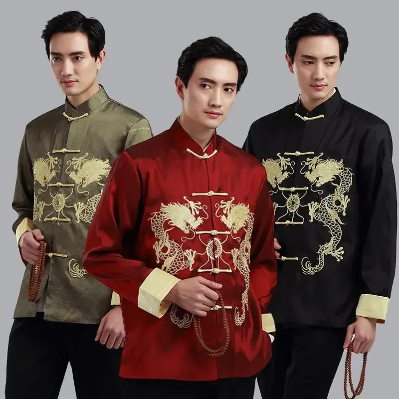 Men's Embroidered Dragon Tang Suit Men's Shirt Top Jacket Cheongsam Hanfu Retro Hanfu Coat