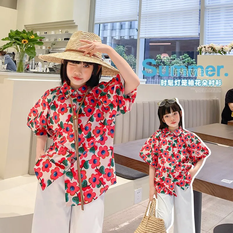 

Girls 10 12 years Floral Print Shirts Summer Korean Girls Clothes Sweet Elegant Teens Tops