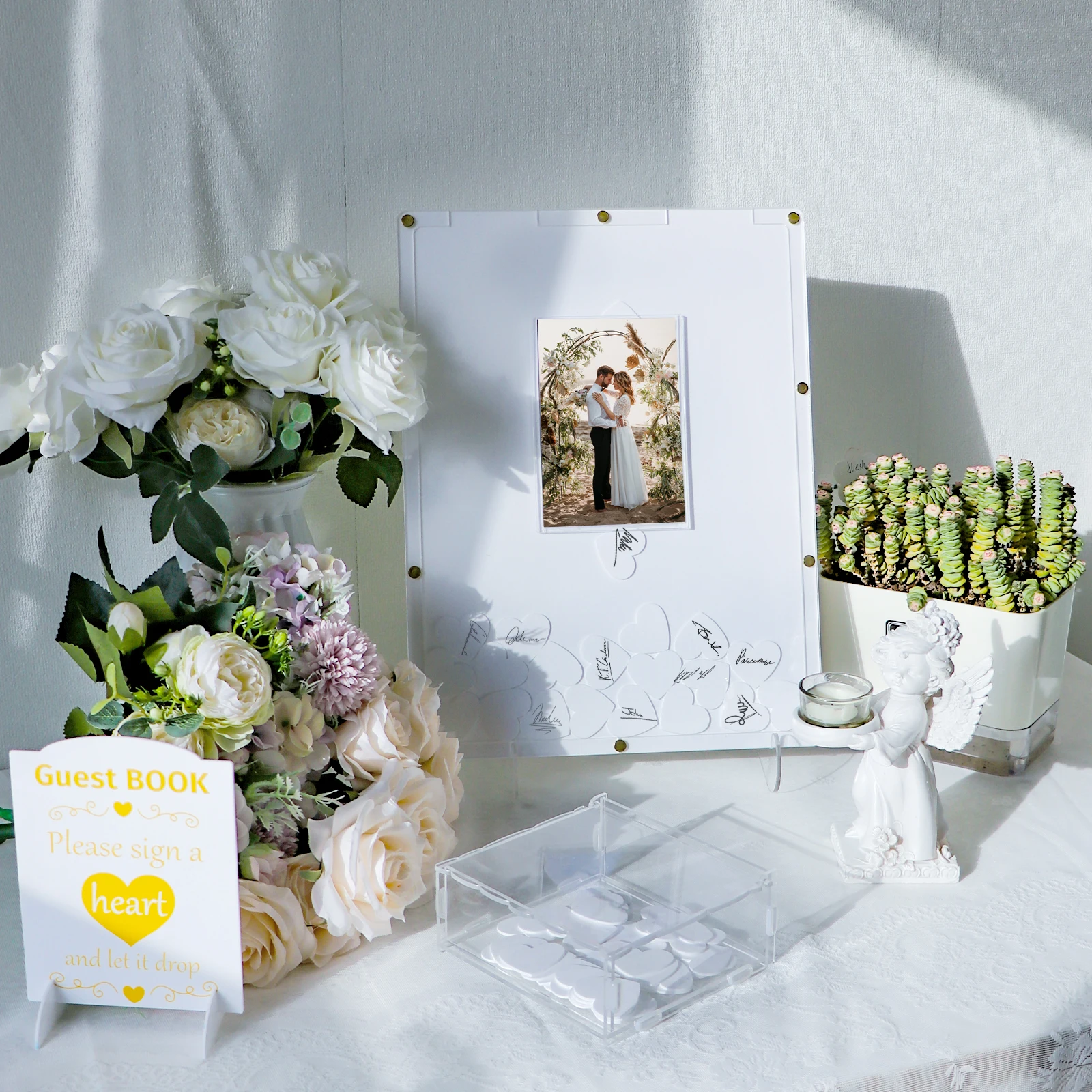

OurWarm Acrylic Wedding Guest Book Alternative White Guest Book with 100 Hearts&Marker Pen Double Bracket for Wedding Decoration