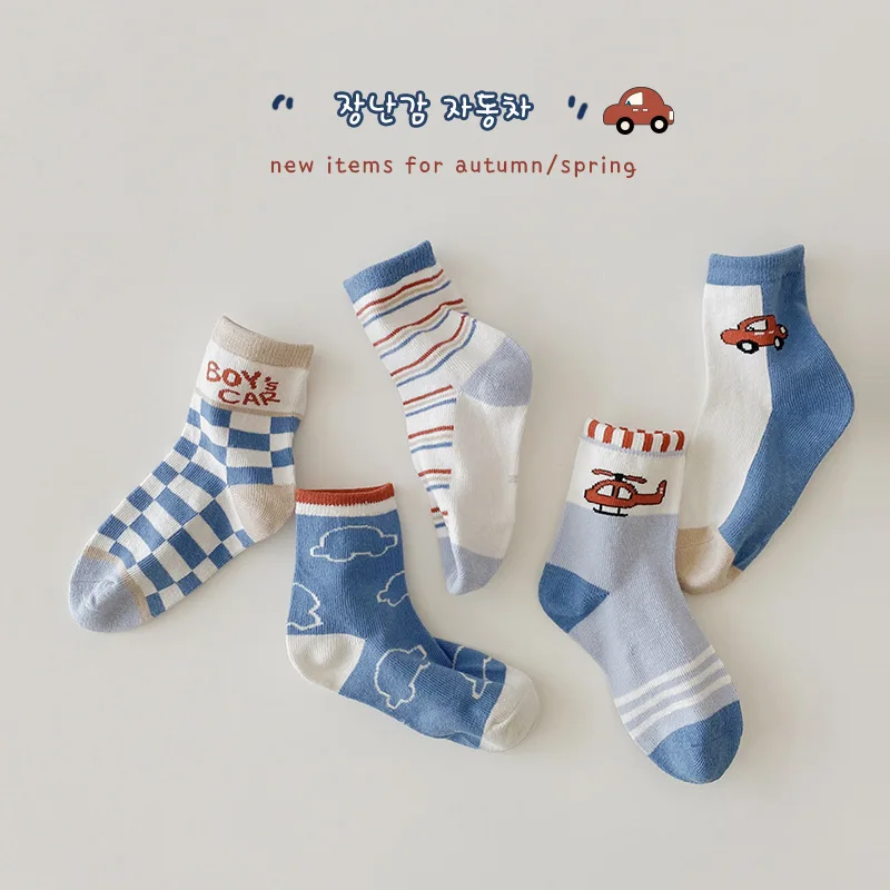 

2022 New Autumn Cartoon Car Kids Socks Korean Letter Striped Plaid Cotton Children's Boys Socks