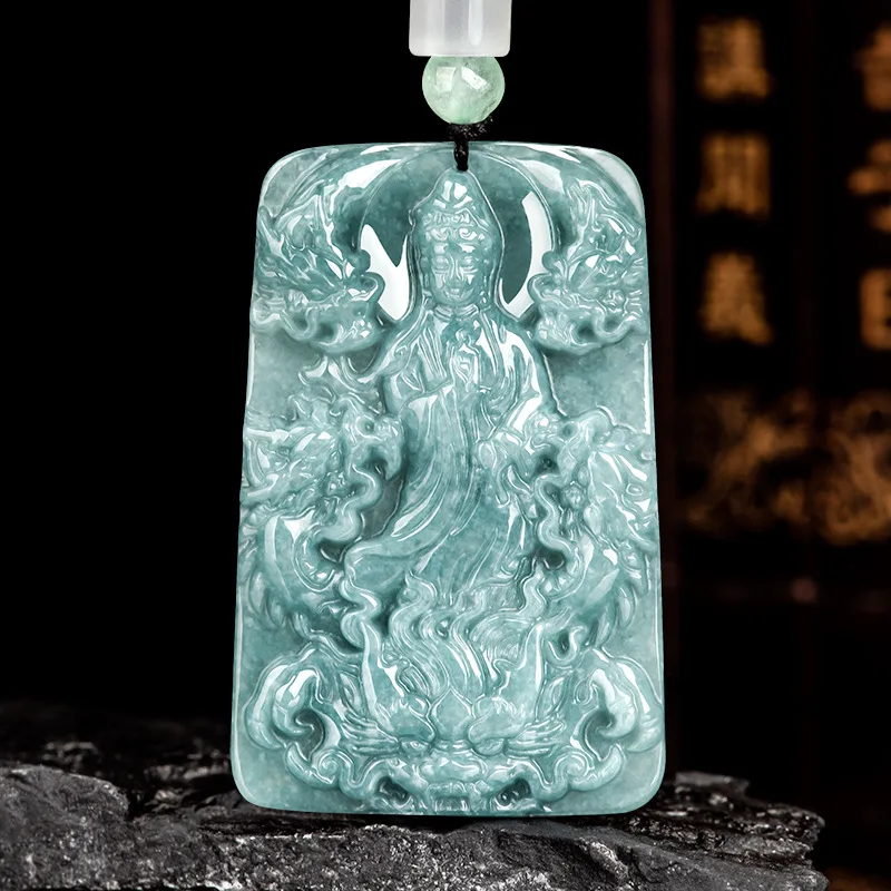 

Blue Myanmar Jadeite Guanyin Pendant Necklace Man Gemstone Amulet Real Jewelry Natural Burmese Jade Men Choker Luxury Carved