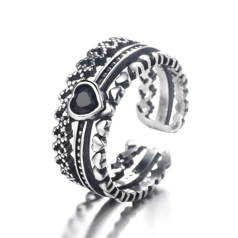 

2024 Premium Edition Deluxe Personality S925 Sterling Silver Vintage Black Sweet Cool Triple layer heart Open Ring Bundy Hip Hop