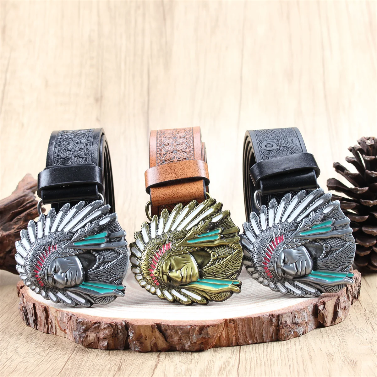 

Indian chief 3.7cm wide men's and women's Western bull head denim style bull scalprendy belt smooth buckle