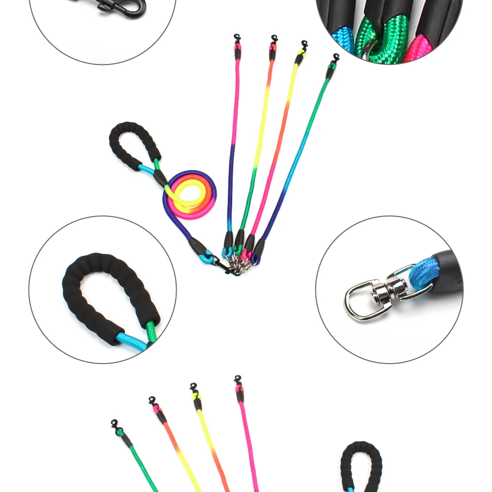 New Rainbow Multi Dogs Leash Nylon Detachable Pet Lead Foam Handle 1 Leash for 2 or 3 or 4 Dogs Round Traction Rope Dog Supplies hunting dog collars	