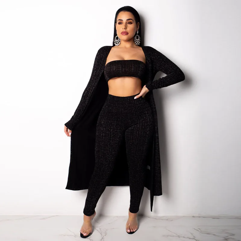 

Women Three Pieces Ribbed Knitted Tracksuits Ladies Ribbed Knit Vest and Long Tops And Pencil Pants Sets Streetwear Femme Outfit