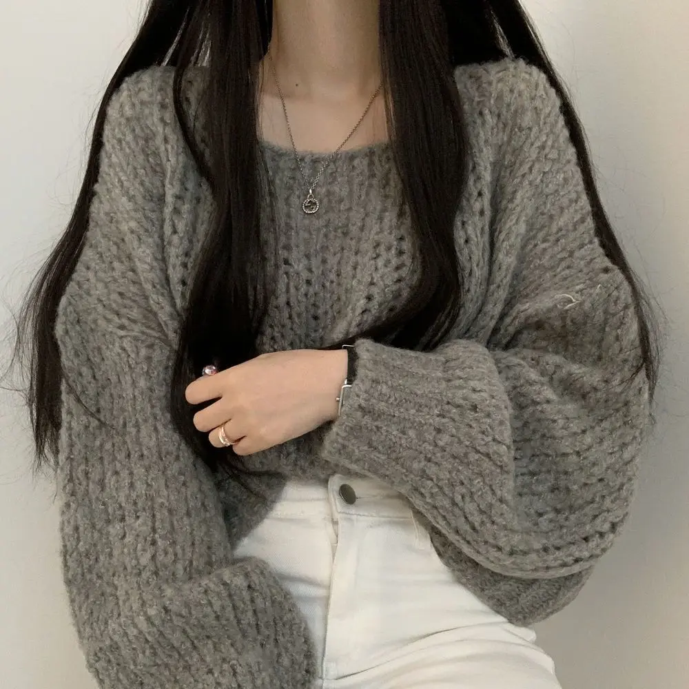Oversized Sweaters for Women 2023 Pull Femme  Clothes O-neck Lantern Sleeve Casual Jumper Knitted Korean Cropped Pullovers