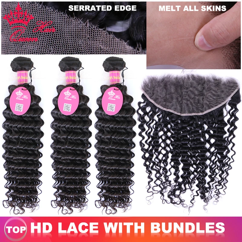 

Queen Hair официального магазина Carter's, бразильская глубокая волна человеческих волос пряди с закрытием кружева HD прозрачное кружевное девствен...