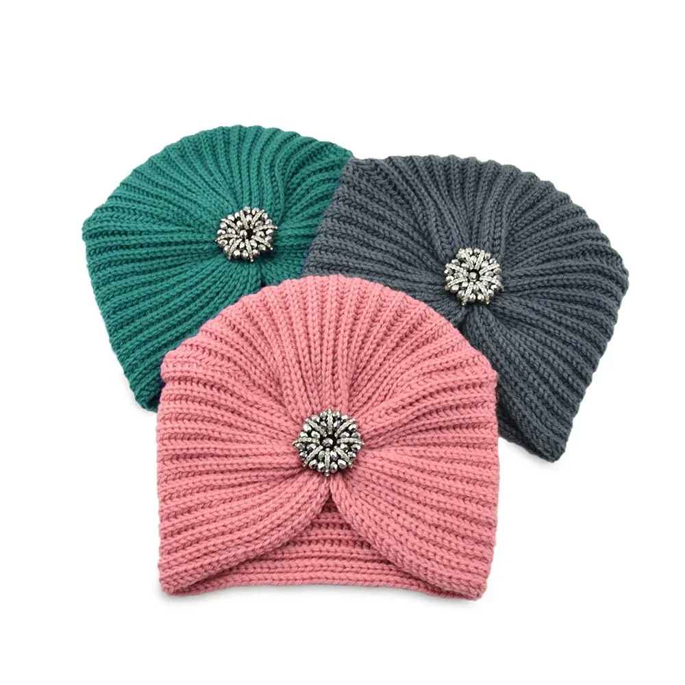 Bohemian Style Winter Woolen Flower Drill Belt Knitted Hat European and American  Women Turbans Cap 4