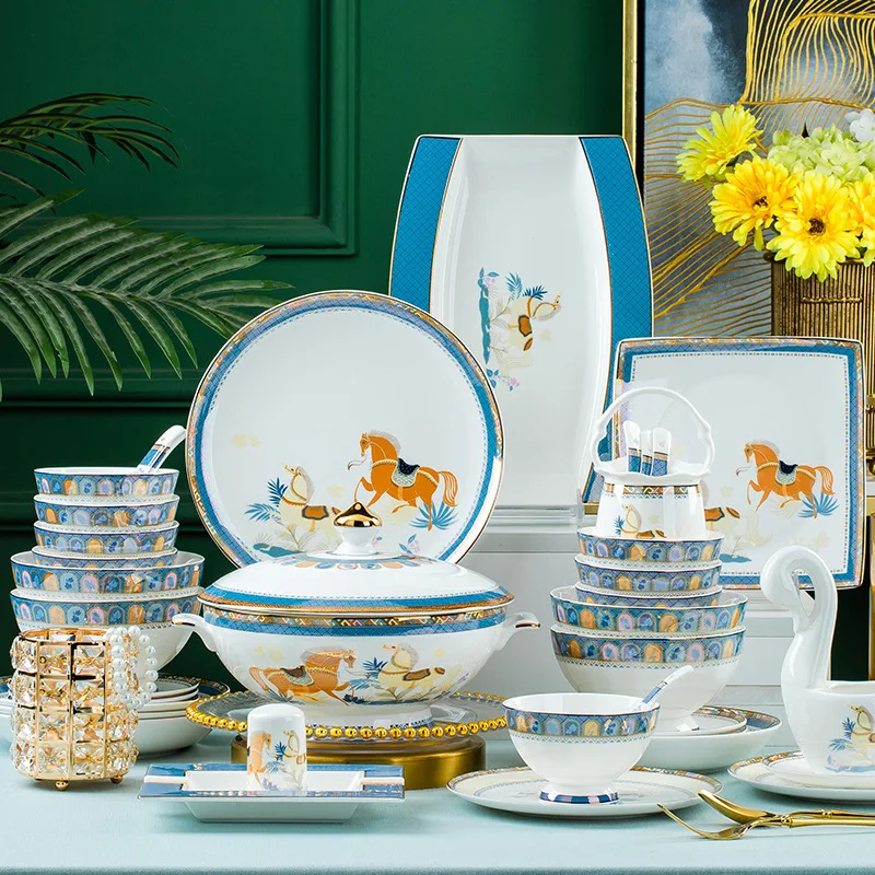 58PieceEuropeLuxuryBoneChinaTablewareSetsFoodBowlChopsticks