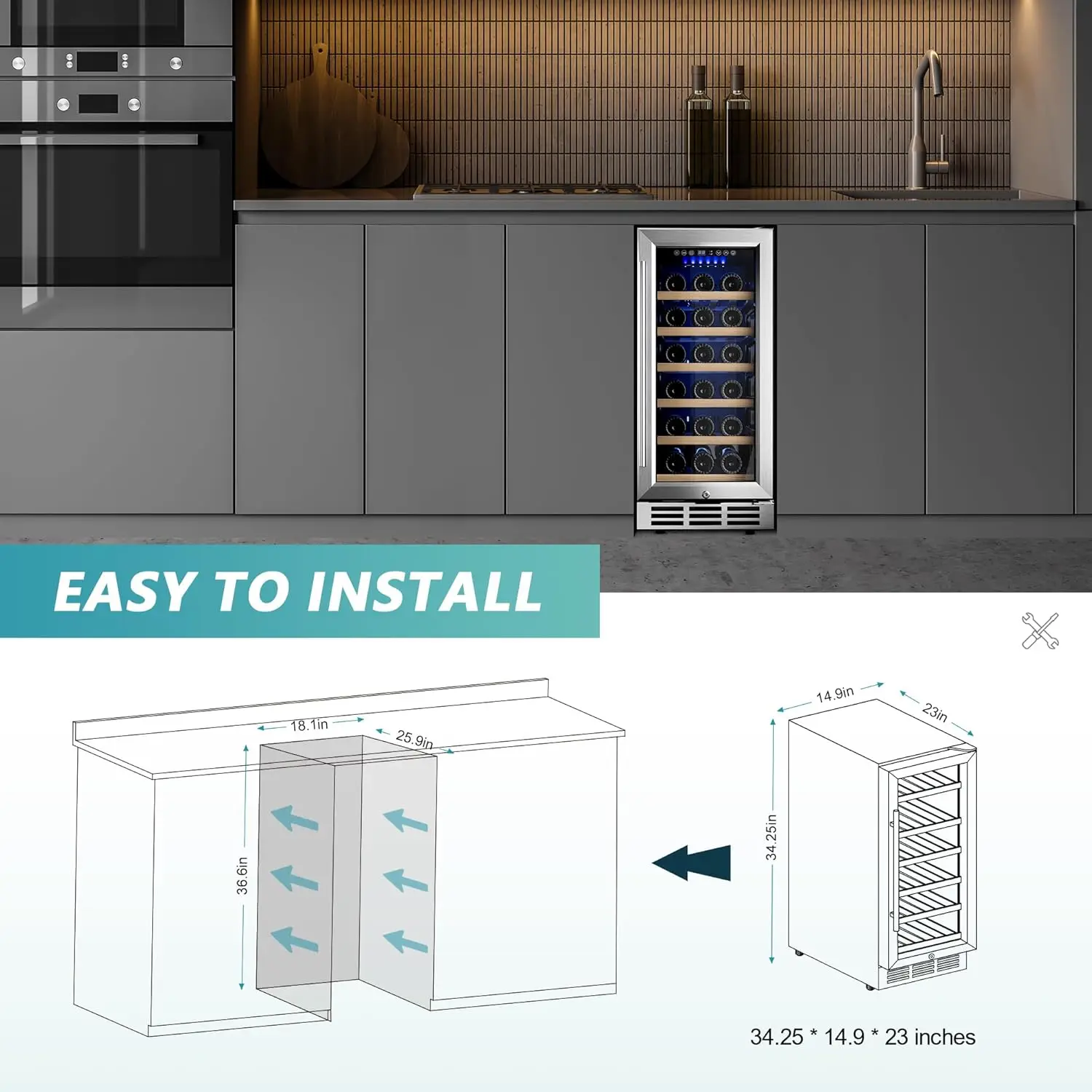Under-counter Refrigerators, Single Zone Wine Fridge, Wine Refrigerator Digital Temperature Control, Freestanding 6