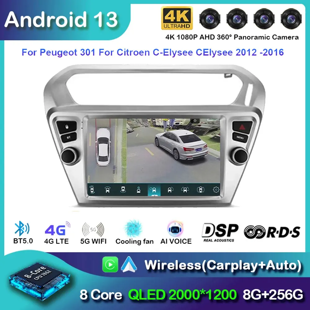 

9” Car Radio Carplay Android13 For Peugeot 301 For Citroen C-Elysee CElysee 2012 -2016 GPS Monitor Video Player Multimedia DSP