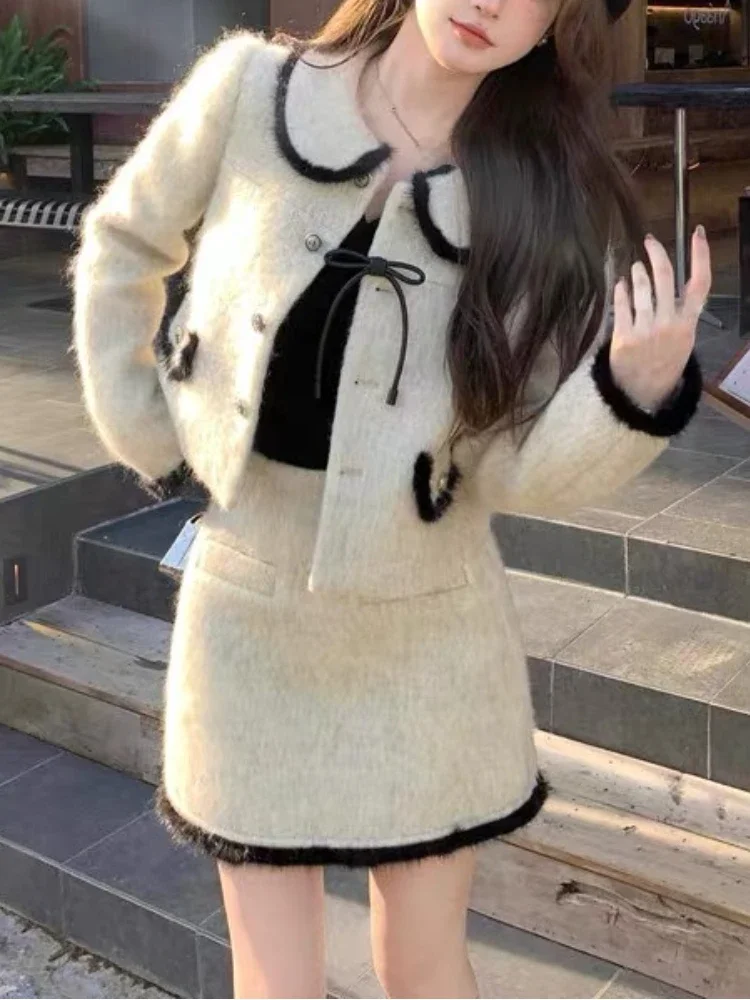 Two-Piece Set with Furry Trim Jacket and Mini Skirt - Apricot