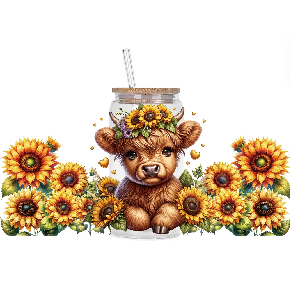 Highland cattle series Easy peel waterproof DIY Decals 3D transfers uvdtf crystal stickers 16oz uv dtf cup wraps for Glasses