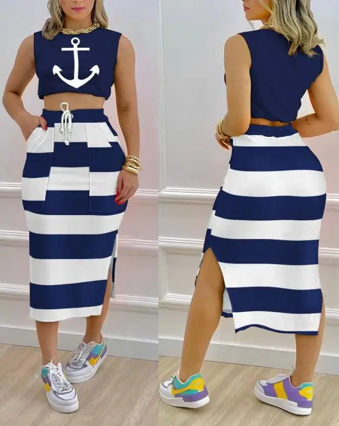 

2023 Summer Casual Skirts Sets for Women European & American Fashion Anchor Print Crop Tank Top & Split Hem Striped Skirt Set