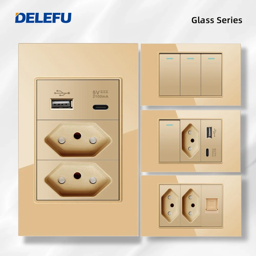 Delefu-interruptor de Luz Tomada Brasil Tomada Padrão Dual Usb tipo c Vidro Temperado Dourado Suíça 10a 20a 4×2