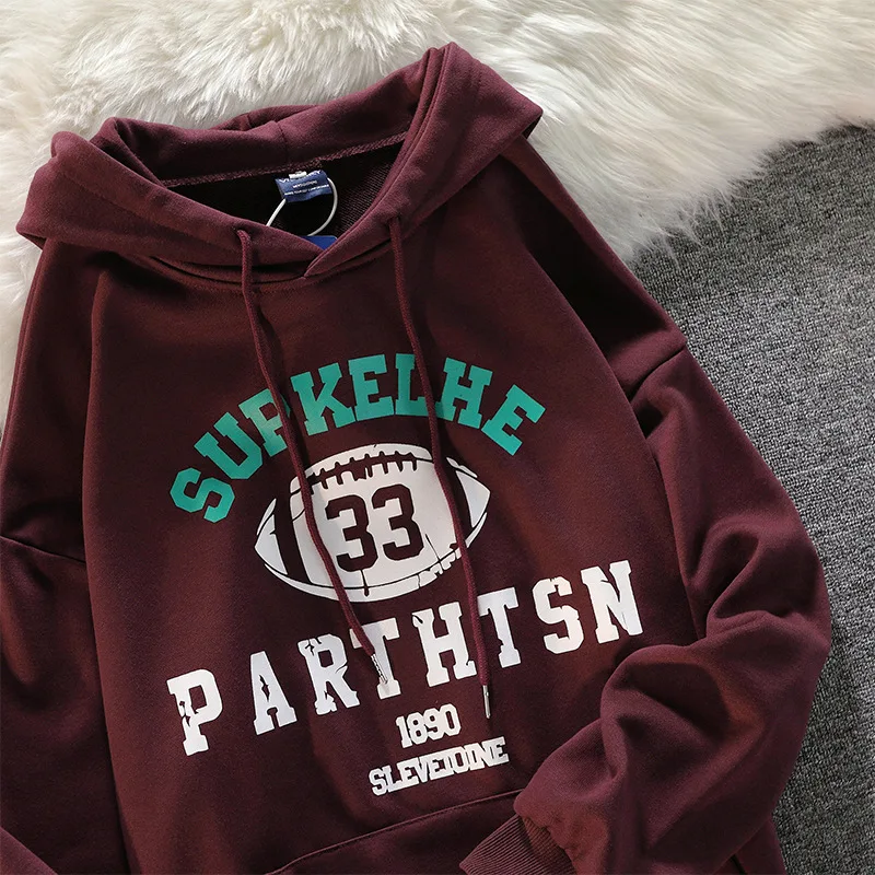 

American Letter Print Hooded Wine Red Hoodie Female Autumn Winter Korean Version Loose Plus Cashmere Preppy Female Top Coat