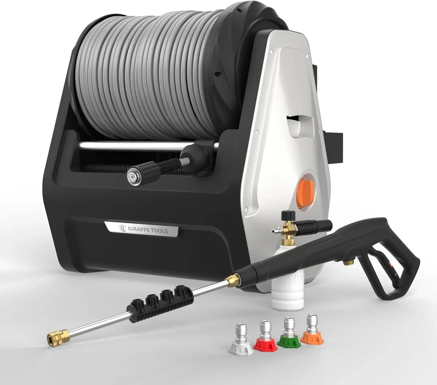 

USA Pressure Washer Plus, Wall Mount Power Washer Electric W/ 100FT Retractable Reel, 2200PSI, 2.4GPM, 4 Nozzles, Foam Cannon