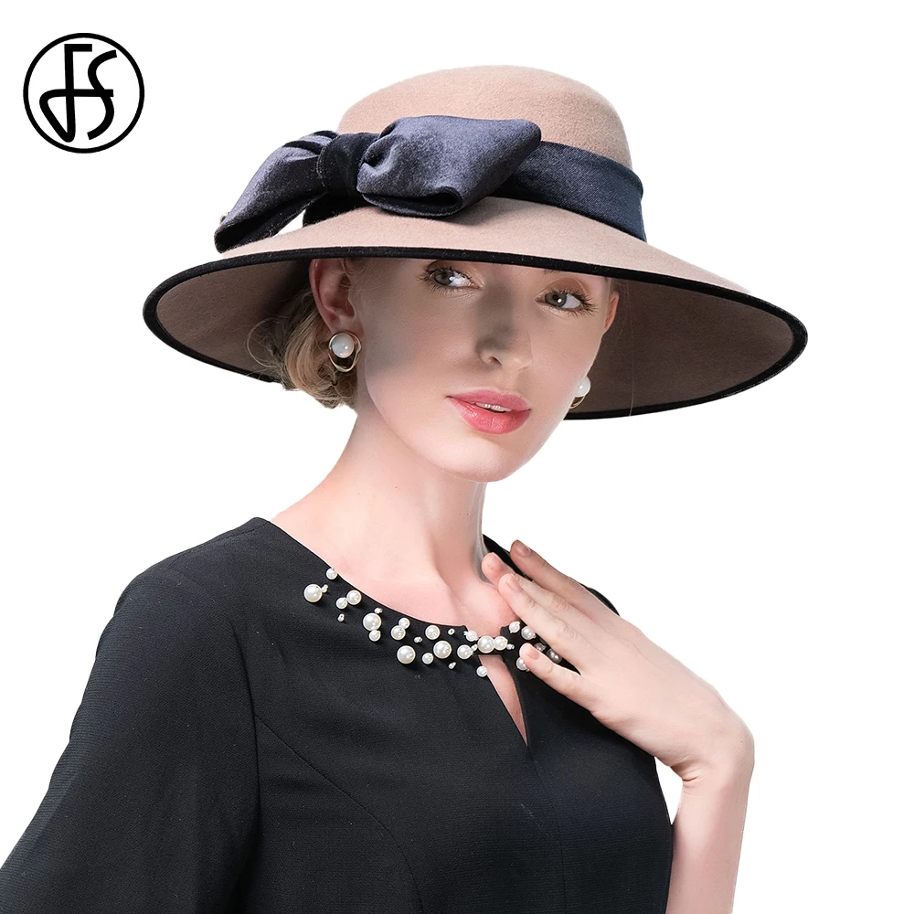 

FS Coffee Top Hats For Women With Bow Elegant Church Black Cap Ladies Spring Autumn Purple Wool Felt Fedora Female Sombrero 2024
