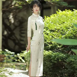 Cheongsam Dress Women Plus Size 2022 Spring Cotton Blend Jacquard Embroidery Traditional Chinese Style Slim Qipao Dresses Woman