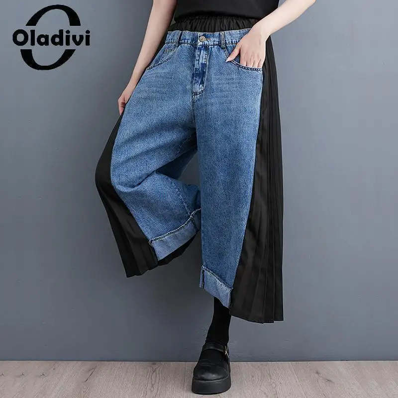 

Oladivi Large Size Women Wide Leg Denim Pants Spring Summer Casual Loose Pleated Trousers Vintage Ladies Oversized Clothing 9898