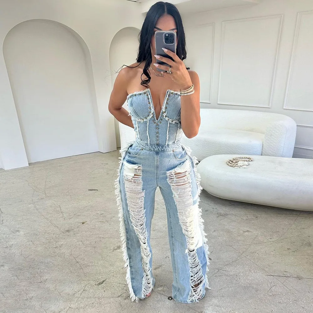 Vintage Hole Tassel Denim Jumpsuit Women 2023 New Fashion Sexy Off The Shoulder V Neck Rivet Club Party Romper Y2K One Pieces