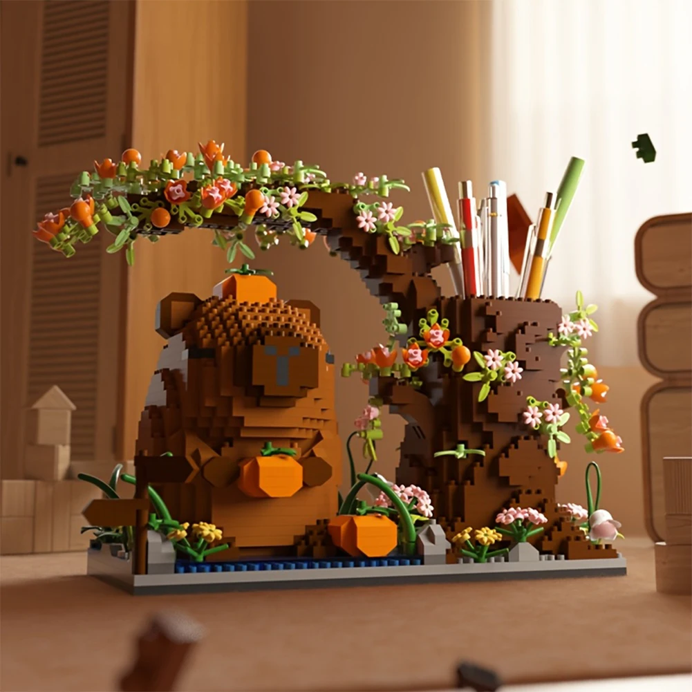 1880Pcs Capybara Building Block Pen Holder Multi-Function Desk Organizer for Office Cosmetics Birthday Gift Desktop Decor