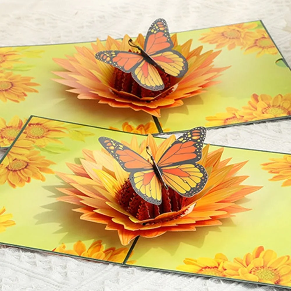 Foldable Sunflower Greeting Card Paper Carving Exquisite Flower Butterfly Gift Card Blessing 3D Pop-Up Greeting