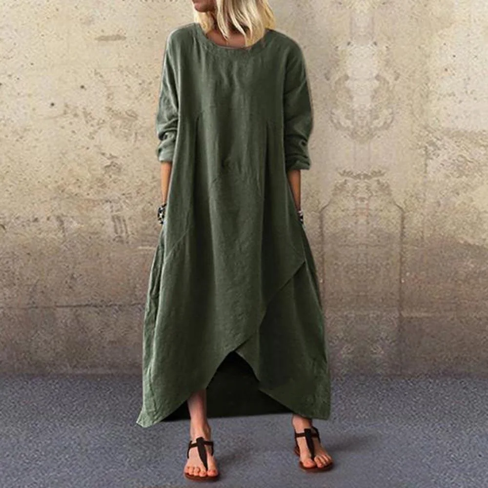 

2023 Woman Summer Dress Literary Vintage Cotton Linen Long Sleeve Solid Long Dress Casual Loose Party Dresses For Female