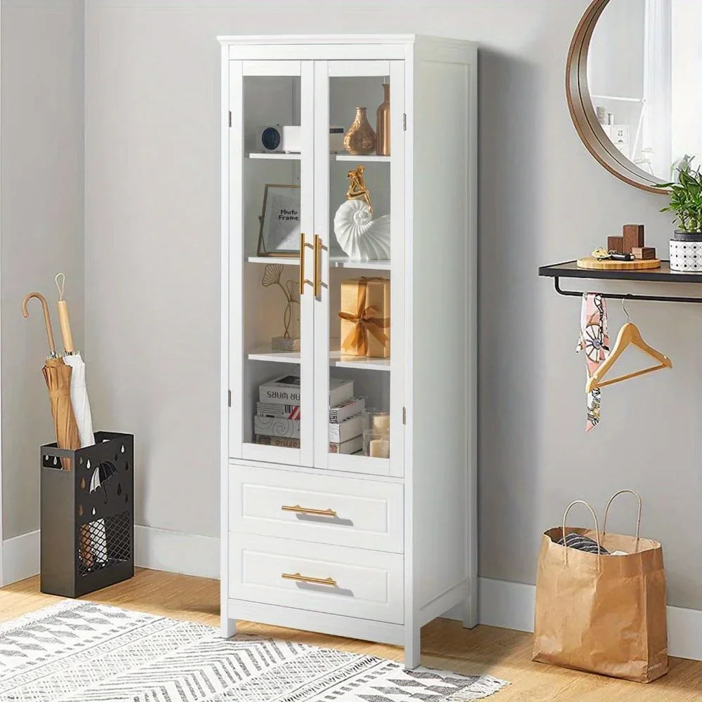Glass Door Display Cabinet Floor Standing w/ 2 Drawer Storage Cabinet Bookshelf