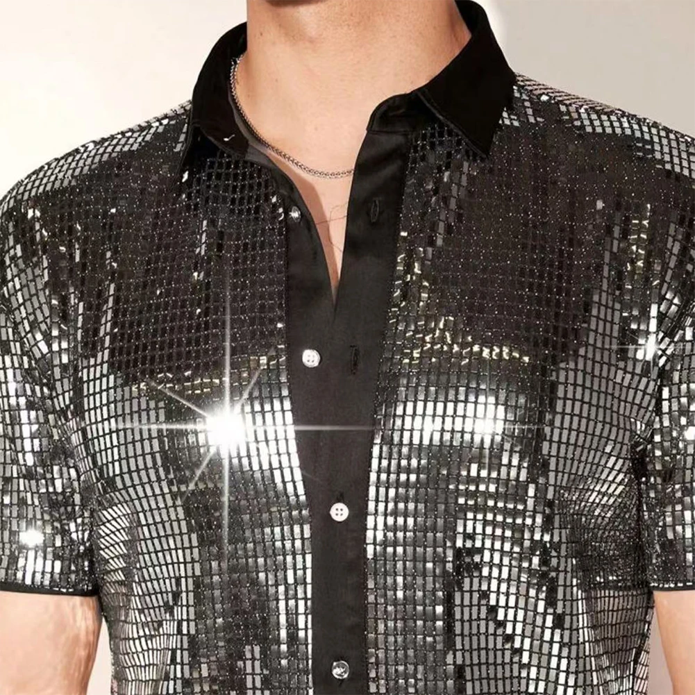Herren Vintage 70er Disco Club Hemd Glänzende Pailletten Kurzarm Button-Down-Hemd – Detail 12