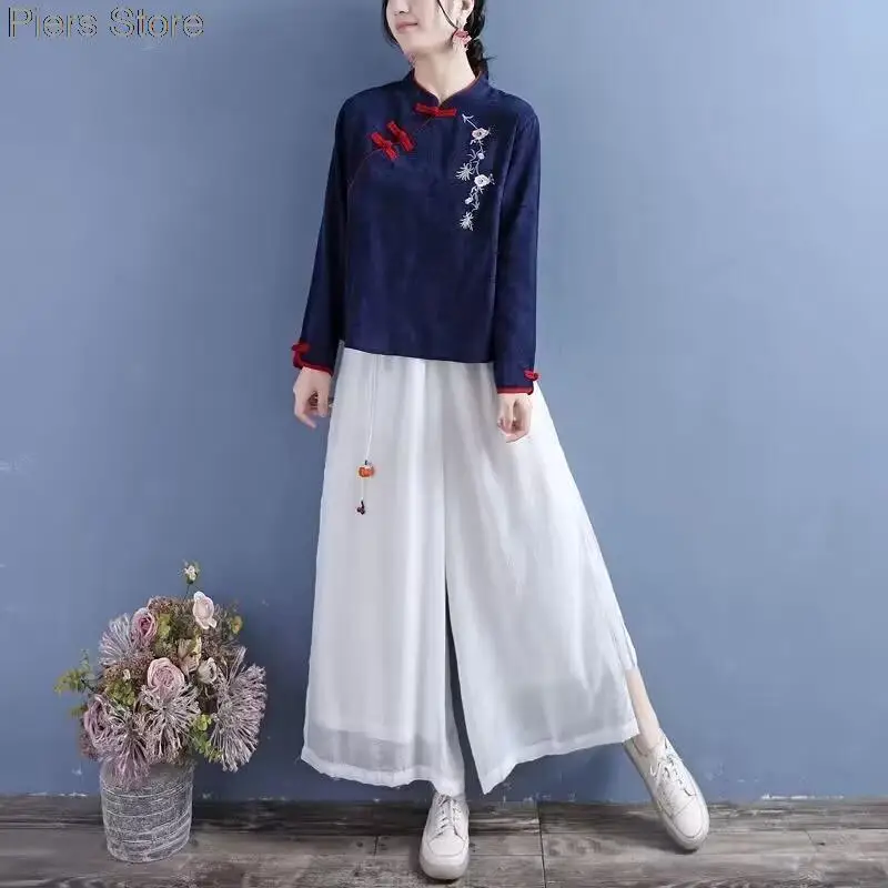 

Рубашки с винтажной вышивкой, женские повседневные топы с длинным рукавом, китайский стиль, Ципао, хлопковые дзен-чайные блузы, рубашки, ブラfemme