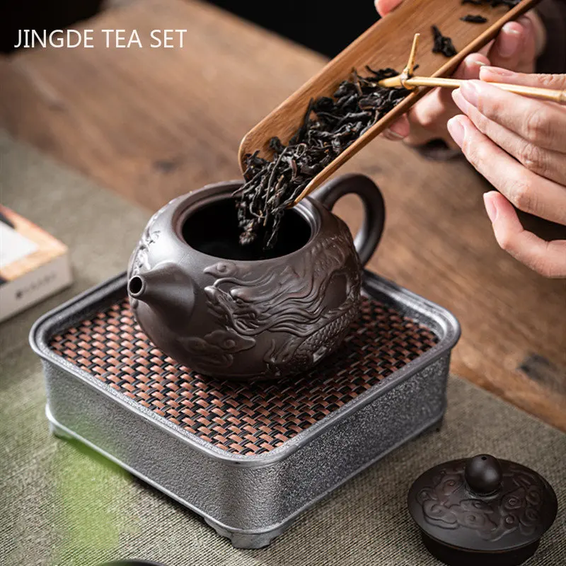 Chinese Yixing Purple Clay Teapot Hand Carving Dragon Pattern Beauty Tea Kettle Classic Ball Hole Filter Pot Zisha Tea Sets