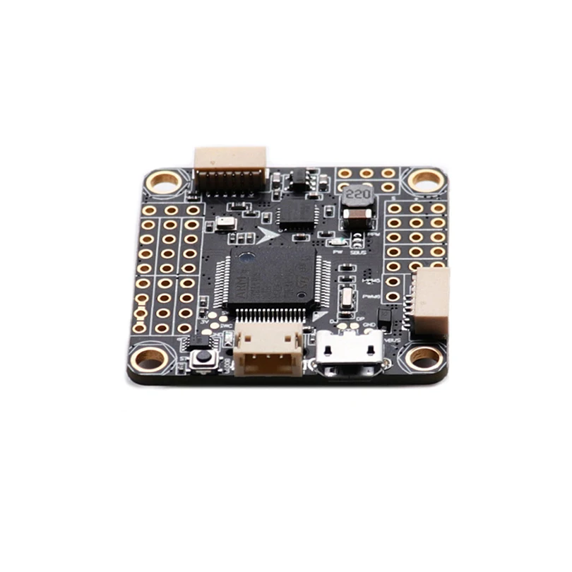 Contrôleur de vol Betaflight F4 V3S sur fond noir, prêt pour drone FPV course.