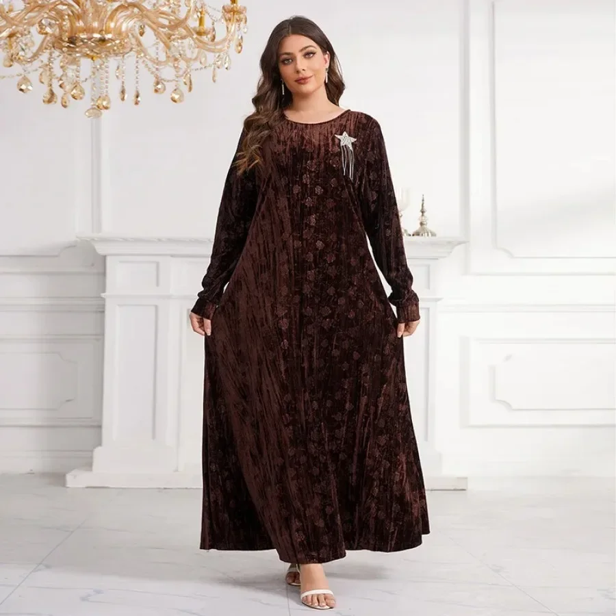 Abayas for Women Dubai 2024 Fashion Muslim Women Long Sleeve O-neck Velvet Plus Size Long Maxi Dress Muslim Fashion Abaya