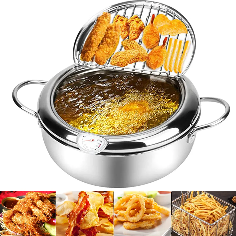 304 Stainless Steel Frying Pan Deep Fryer With Thermometer And Lid