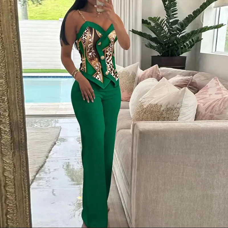 

Retro Pattern Print Metal Sling Top & Solid Pants Outfits Women 2024 Spring V-neck Button 2pcs Set Summer Sleeveless Hollow Suit