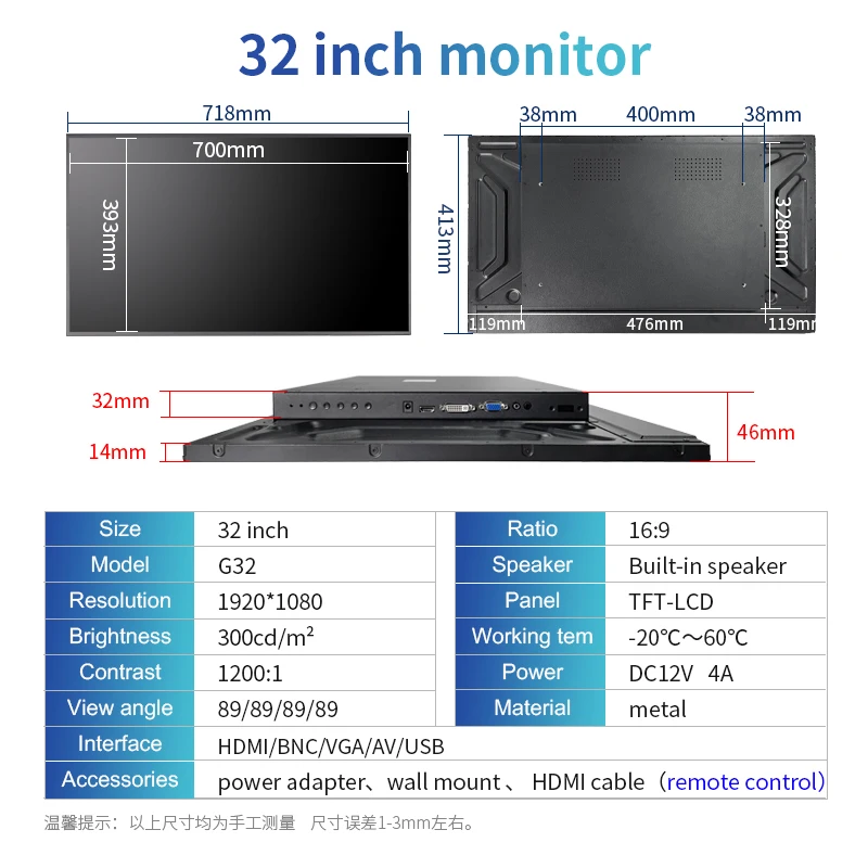 Zhixianda ݼ ̽     ÷ HDMI BNC VGA AV USB ̽ 32 ġ 1920x1080