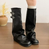 Bottes hautes pliables chic à la française pour femme, style décontracté, à talon compensé, à enfiler, noires, kaki, bout rond, avec bride à boucle, type moto 2