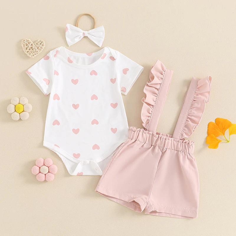 

0-18M Korean Newborn Baby Girl Summer Outfits Heart Print Short Sleeve Romper Ruffles Suspender Shorts Headband 3pcs Clothes Set