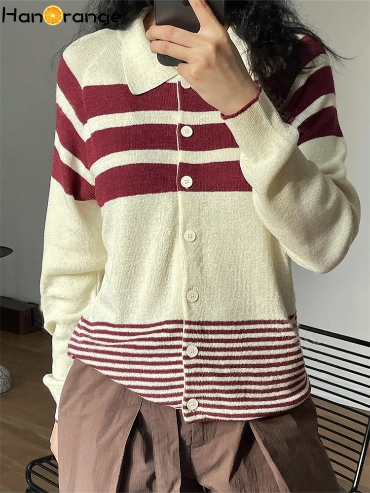

HanOrange 2024 Spring Autumn Retro Striped Knitted Cardigan Sweater Loose Small Top Black Beige/Red Beige