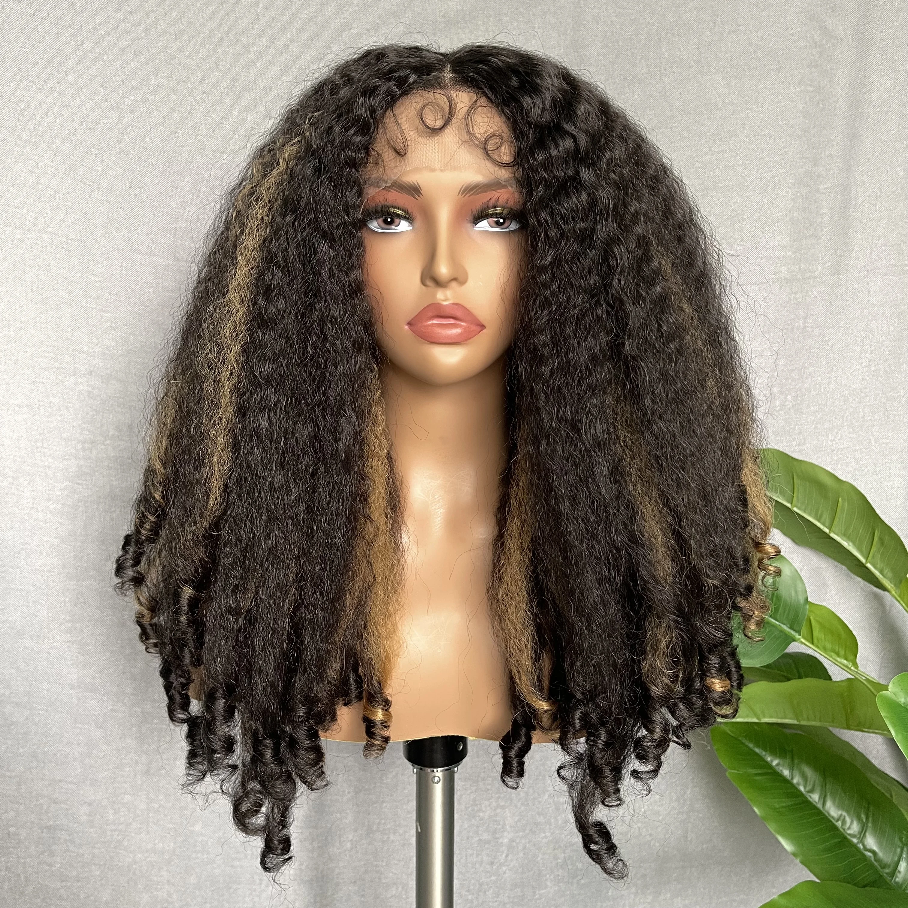 

SOKU Lace Wig Highlight Bouncy Curly Hair Synthetic Pre-plucked T Part Transparent Lace Wigs for Afro Black Women 20in Daily Use