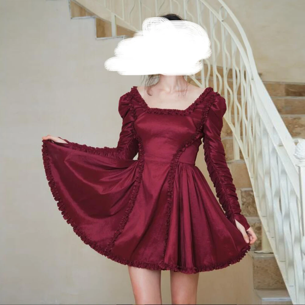 

Prom Dresses Square Collar A-Line Full Sleeve Burgundy Mini Cocktail Party Dress Simple Backless Pleat Draped Short Gowns