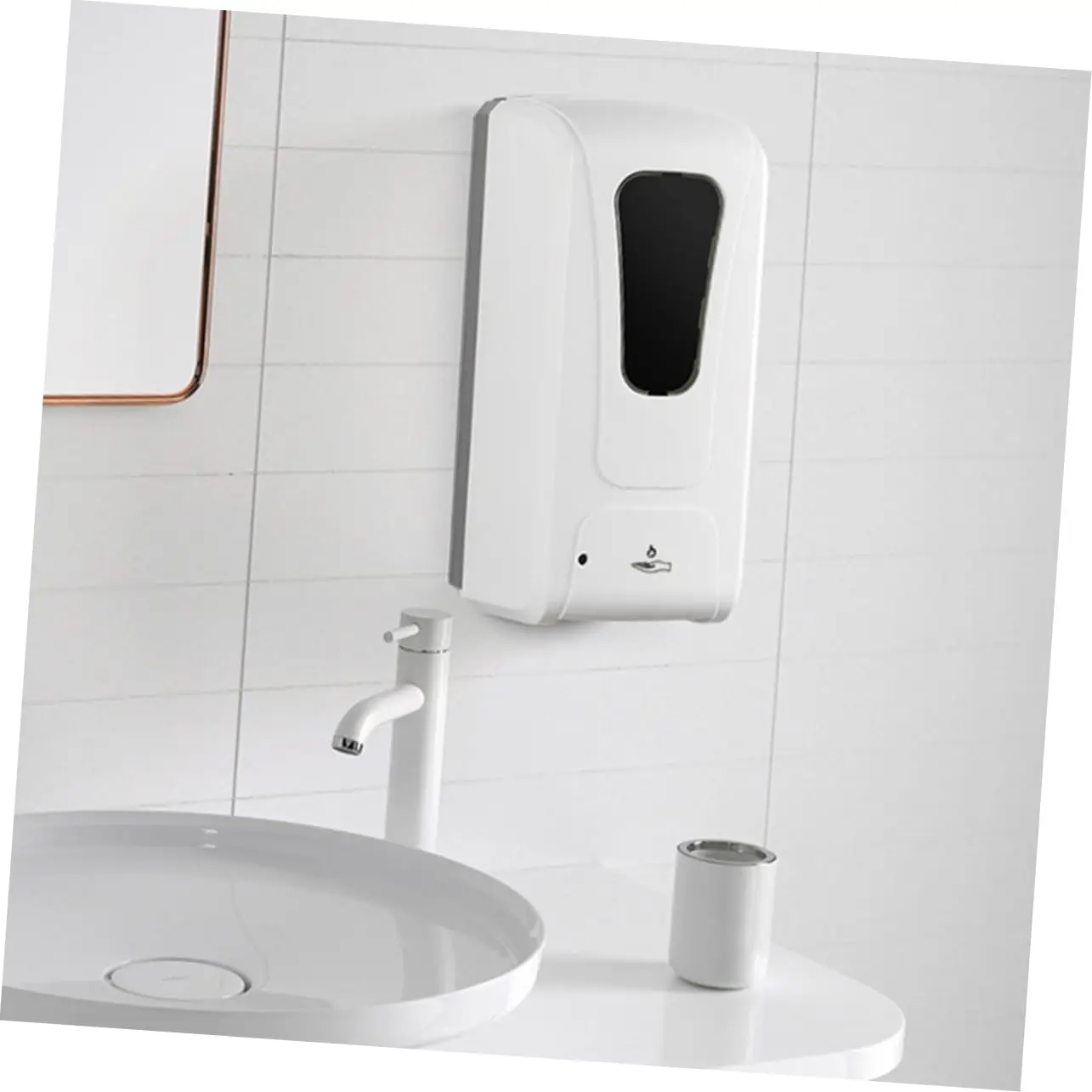 Distributeur gel hydroalcoolique sans contact, vue de face avec écran LED et bouton poussoir
