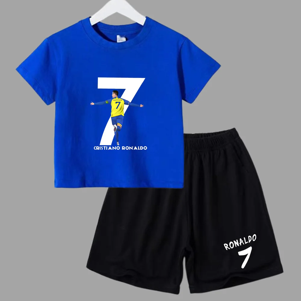 thumbnail image 1 of Traje deportivo de verano CR7 Ronaldo para niños de 2 a 14 años, conjunto de 2 piezas, camisetas de manga corta informales y pantalones cortos, conjuntos de ropa de ídolo para niños, 1 of 4