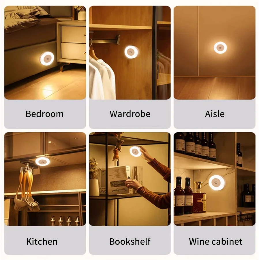 Night Light LED USB Rechargeable 3 Color Dimmable Wall Lamp Wireless Bedroom Kitchen Cabinet Wardrobe Staircase
