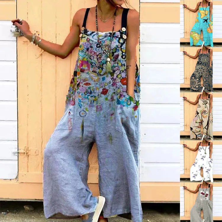 

Women Baggy Print Denim Overalls Distressed Printed Suspenders Jumpsuits Casual Bloomers Loose Women's Jeans Vintage Harem Pants