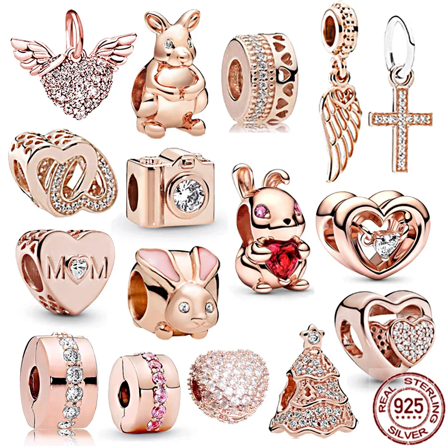 

Rose Gold Plated 925 Sterling Silver Chinese Year Of The Rabbit & Cross Dangle Charm Jewelry Bead Fit Original Pandora Bracelet