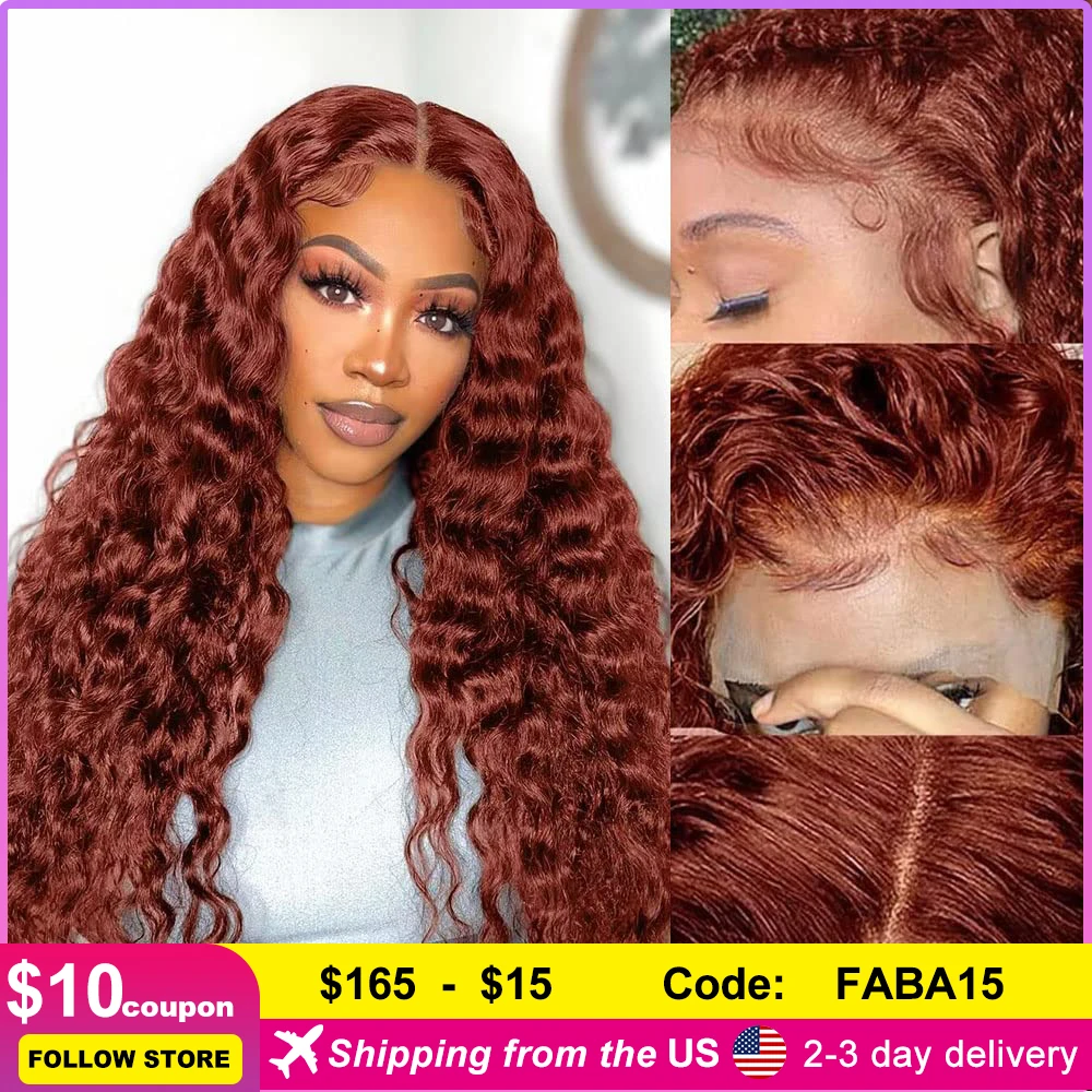 

Reddish Brown Curly Human Hair HD Transparent Lace Front Wigs Free Part Reddish Brown Deep Wave Human Hair Wigs With Baby Hair